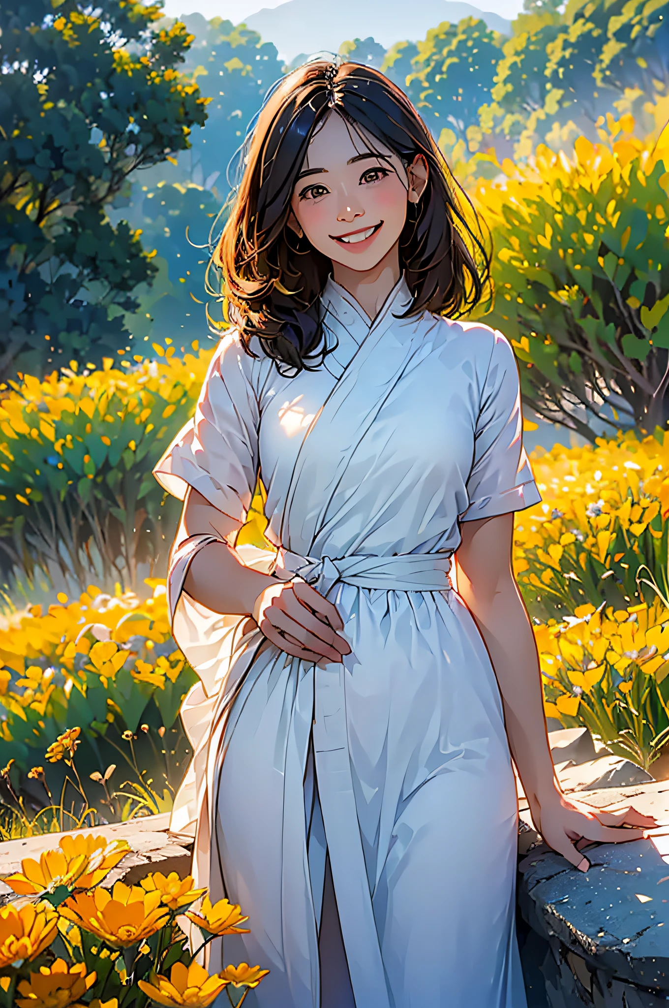 (in 8K、top-quality、​masterpiece:1.2)、One woman、(Smiling smile:1.1)、beautidful eyes、Valley、The upper part of the body、shorth hair、Like a boy、bob cuts、Blue View、