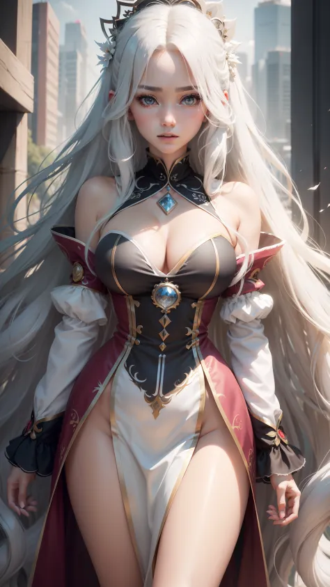 Top CG，Highest image quality，tmasterpiece，woman，Extra-long white hair flowing flowing，messy  hair，There is a diamond hair card on the hair，shyexpression，Blushlush，Deep big eyes，hyper-detailing，Bust photo，shift dresses，Slim figure，k hd，Shangri-La in the bac...