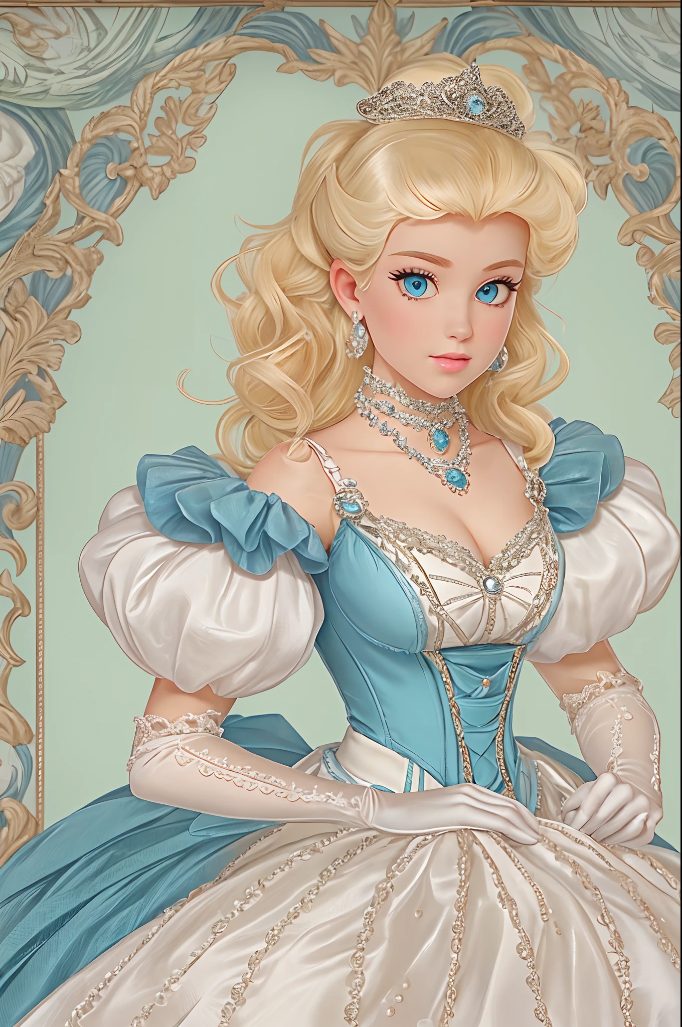 A stunningly beAutiful blonde blue eyed well-dressed ultrA-preppy college freshmAn weAring A StAtely And ElAborAte RoyAl CinderellA BAllgown with (((巨大的泡泡袖))) And An hourglAss wAist, A (((巨大的裙襯裙))) And (((忙碌))), Adorned with bows, 刺繡, And jewels, 長白手套, peArl necklAce And eArrings