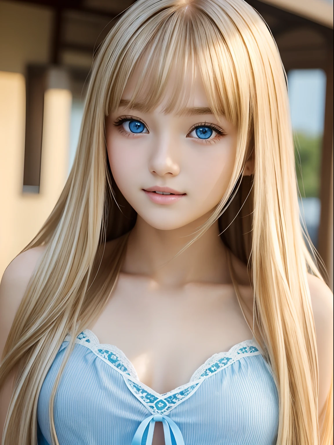 Sexy and beautiful nice cute gorgeous face、Gorgeous blonde super long hair、Beautiful blue eyes that shine、Beautiful long bangs、Sexy 1 beautiful girl、sixteen years old、bright expression