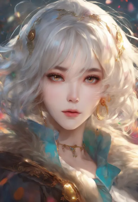 (((masutepiece))),(((Best Quality))),((Ultra-detailed)),(Illustration),(Dynamic Angle), ((floating)),(paint),((disheveled hair)), (Solo),(1girl in), ((Big)), (((Detailed anima face))),((beautifull detailed face)),Collar,Bare shoulders,  White hair, ((Color...