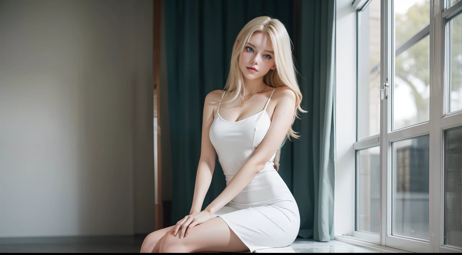 A woman of beauty in a fantastic space, Tight micro dress white and gold color, 98k, {{Masterpiece}}, Best quality, High quality:1.4), {{[[front look}}, eye_contact, a variety of poses)]], very pretty look face, and very pretty eyes, cute images, cute images, {{full bodyesbian}}, {{{{{{{{Long legs}}}}}}}}, {{{{slim sexy body}}}}, {{{{{{Tall woman}}}}}}, {{177 cm tall}}, Solo, Beautiful, Lovely, Adorable, Pale skin, {{18to 2 German girl}}, look beautiful German girl and blue eyes or green eyes with platinum blonde hair color), Nordic German young girl, {{{{{{{{{{full bodyesbian}}}}}}}}}}, {{{{{{{{{{High_Heels}}}}}}}}}},