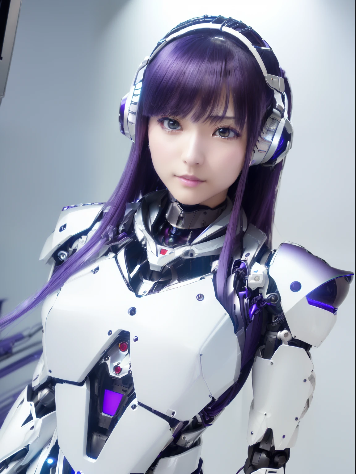 ((masutepiece)), ((top-quality), high quarity、ultra-definition, Realistic,  fulcolor 、One beautiful robot woman、Joints of machines、Frame of the machine、Thick wire joints、White porcelain mechanical armor wearing casual clothes、(Curvaceous face)、deadpan、Purple straight hair、Wide Shot、((Electronic substrate))、