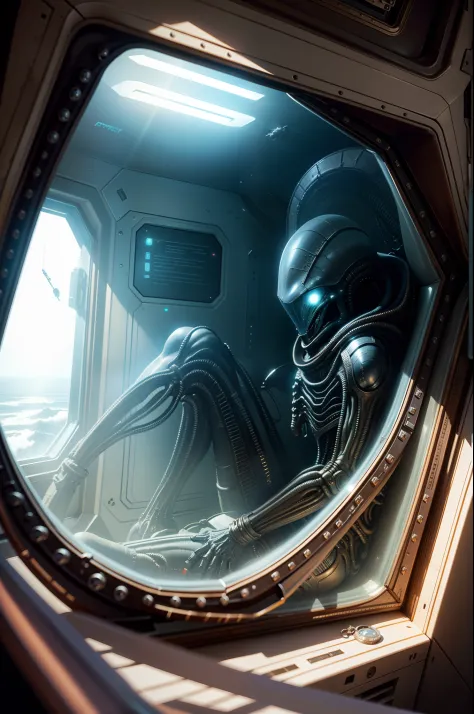 realistic photo of An alien wearing a pirate outfit and a pirate hat is sitting inside a spaceship in front of a window overlook...