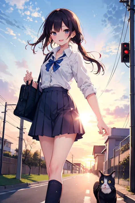 masterpiece, best quality, 1girls school uniform, outdoor,  joyful smile, unbuttoned, walking from school with a cats, sunset,