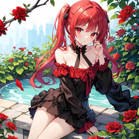 Red hair、Hair is up、red eyes、Beautiful girl alone、off shoulders、a miniskirt、Bright red rose garden、sitting on、black panties