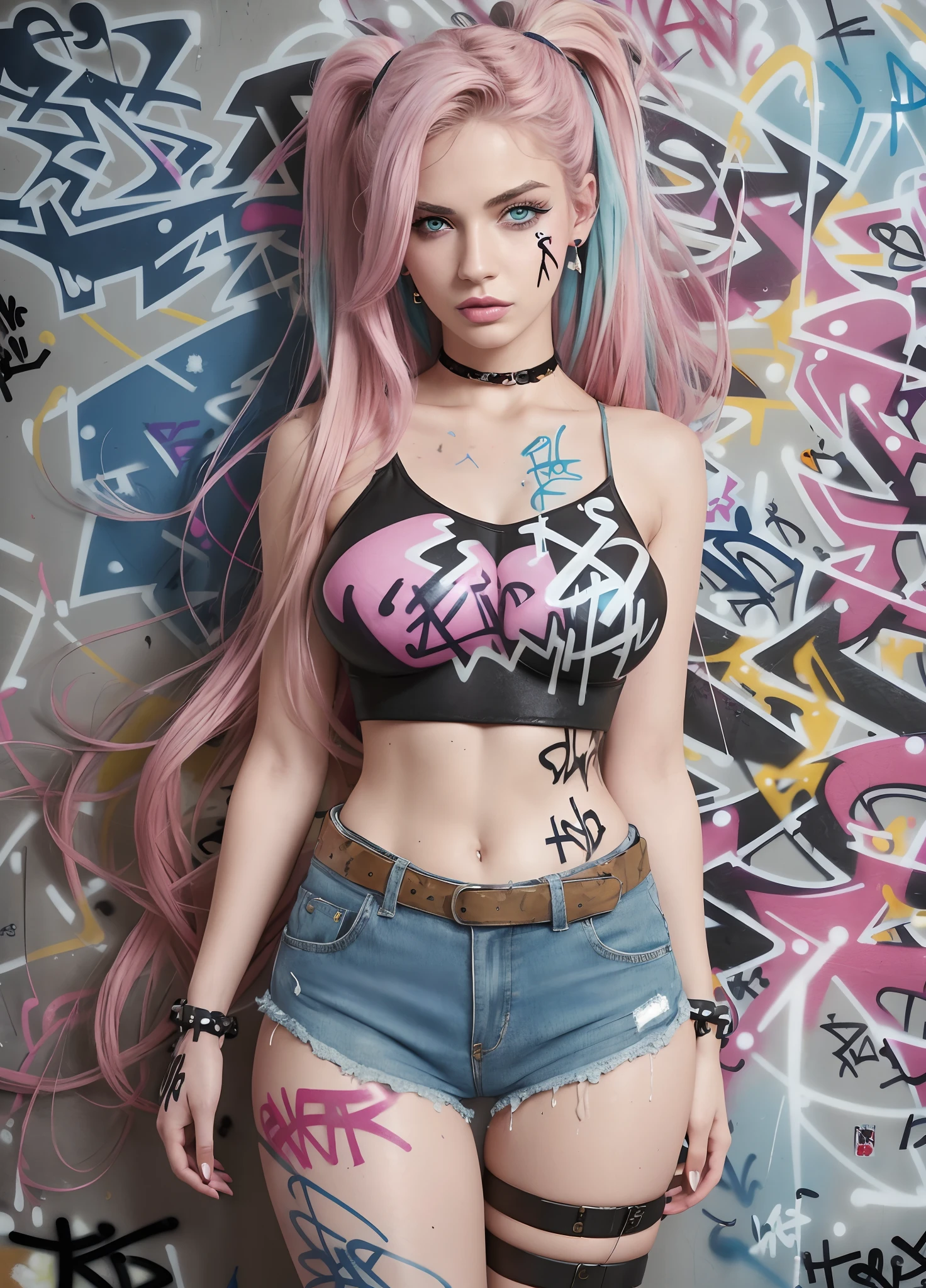 masterpiece, best quality, 25 years old beautiful woman, long hair, (mature face:1.4), 1woman, solo, crop top, denim shorts, choker, (graffiti:1.5), paint splatter, arms behind back, against wall, looking at viewer, armband, thigh strap, paint on body, head tilt, bored, multicolored hair (pink, blue), aqua eyes, headset