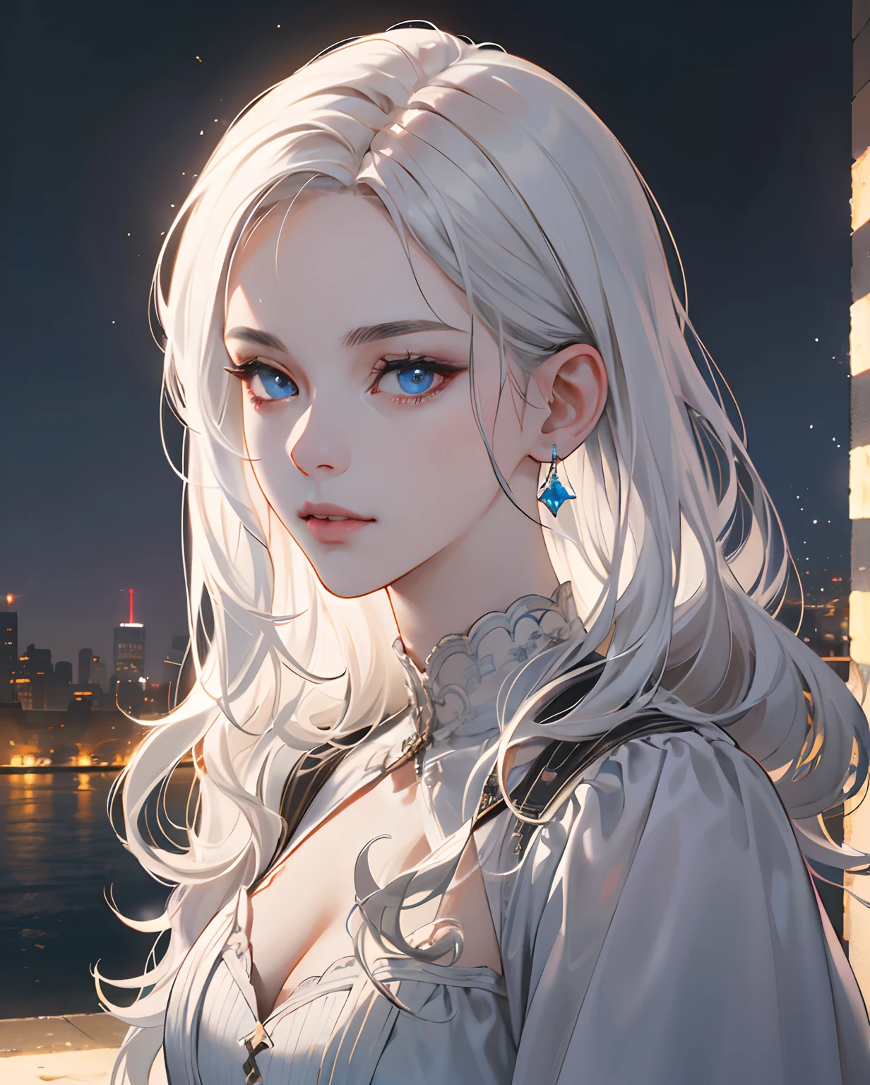 photo of a 25 years old european girl, RAW, beautiful woman, (anime), (extra long wavy white hair), (blue eyes), ((portrait)), ((detailed face:1.2)), ((detailed facial features)), (finely detailed skin), pale skin, high detailed deep cleavage gothic dress outfit, megacity environment, (cold colors), damp, moist, reflections, (masterpiece) (perfect proportion)(realistic photo)(best quality) (detailed) photographed on a Canon EOS R5, 50mm lens, F/2.8, HDR, (8k) (wallpaper) (cinematic lighting) (dramatic lighting) (sharp focus) (intricate), (earring diamond)