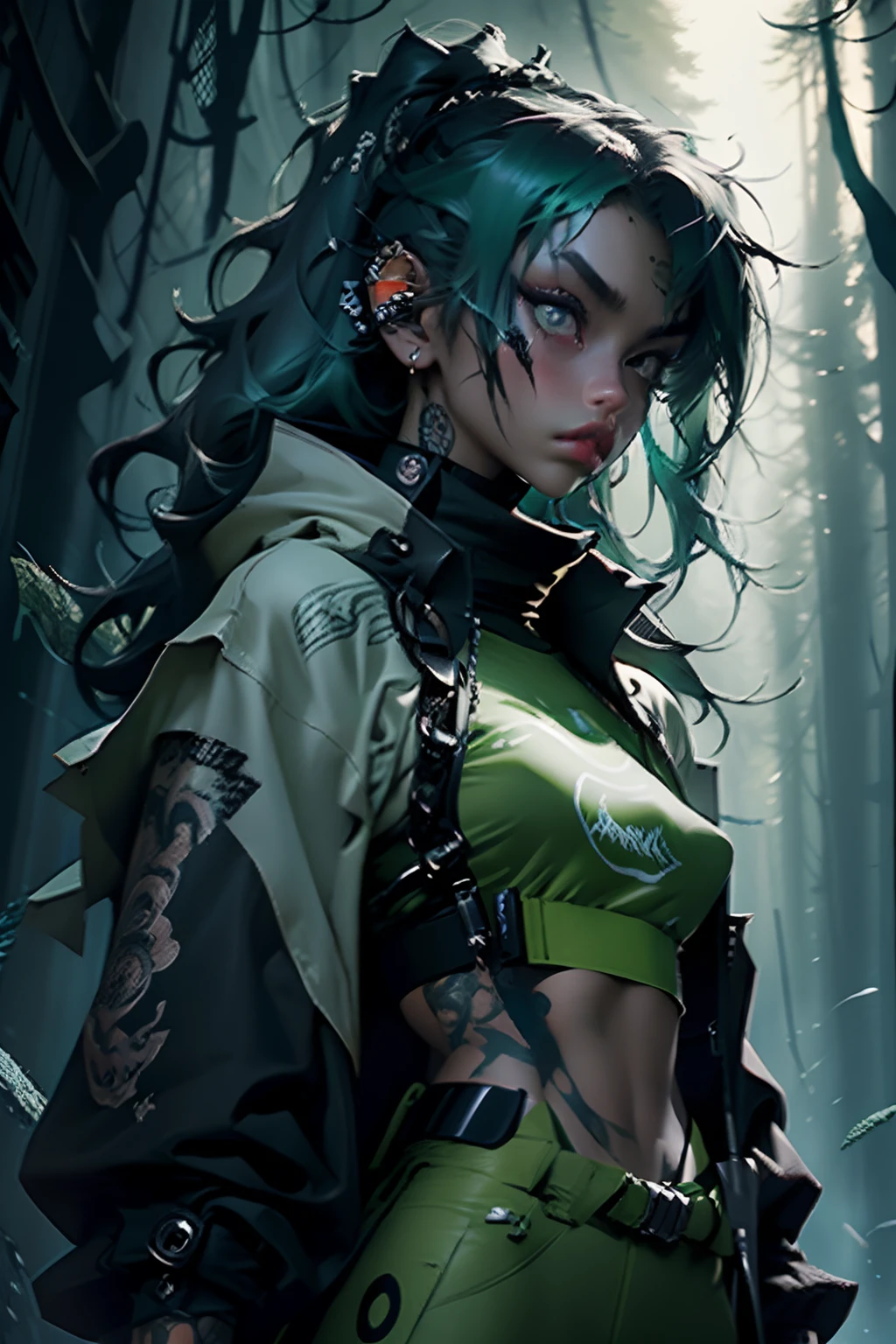 fille kpop portant une veste futuriste vert sauge, corps sexy, grande épée katana tenue à col roulé noir, grosse veste, visage sérieux, Chaînes, tatouages, pose cool, Tir du corps entier, gros yeux, fond de forêt rougeoyant