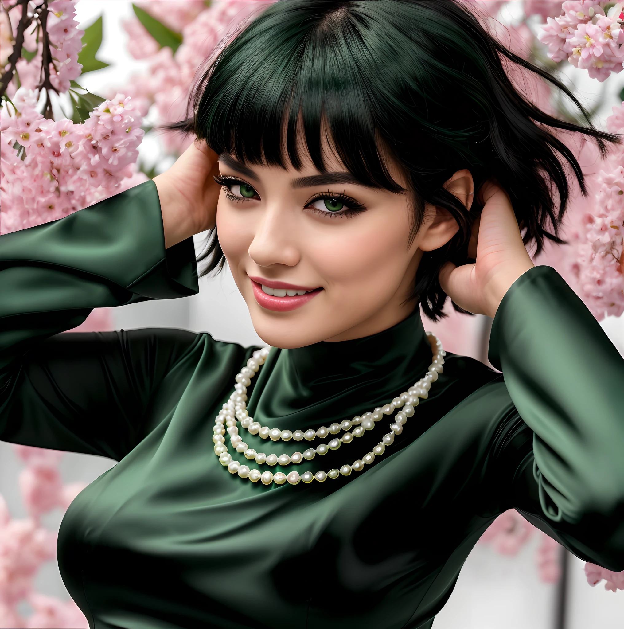 masterpiece, there is a woman with a white pearl necklace and a dark green dress, realistic, she is a wasian, half japanese half white american, pretty woman with green eyes and pretty lips, hot looking, a lot of dark green shading highlights in her hair, twenty four years old, short black hair, moving her hands behind her head, 4k, 8k, high detailed, ultra realistic, ultra detailed photo realistic, smiling with a closed mouth (not showing teeth), she has a short cleopatra bob black hairstyle with green shading, her face is a bit skinny, cute sexy smile