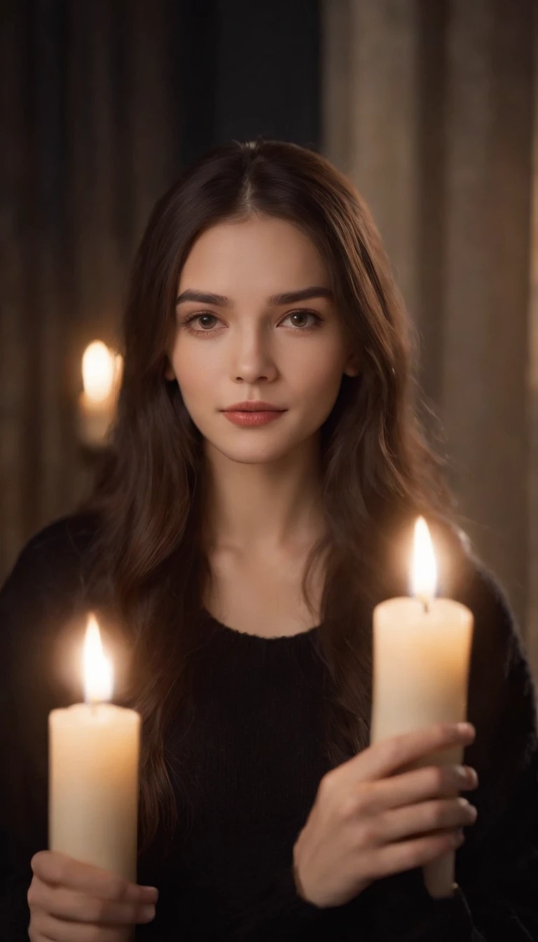 xxmix_girl,,a woman with long hair and a black sweater is holding a candle in her hand and looking at the camera,