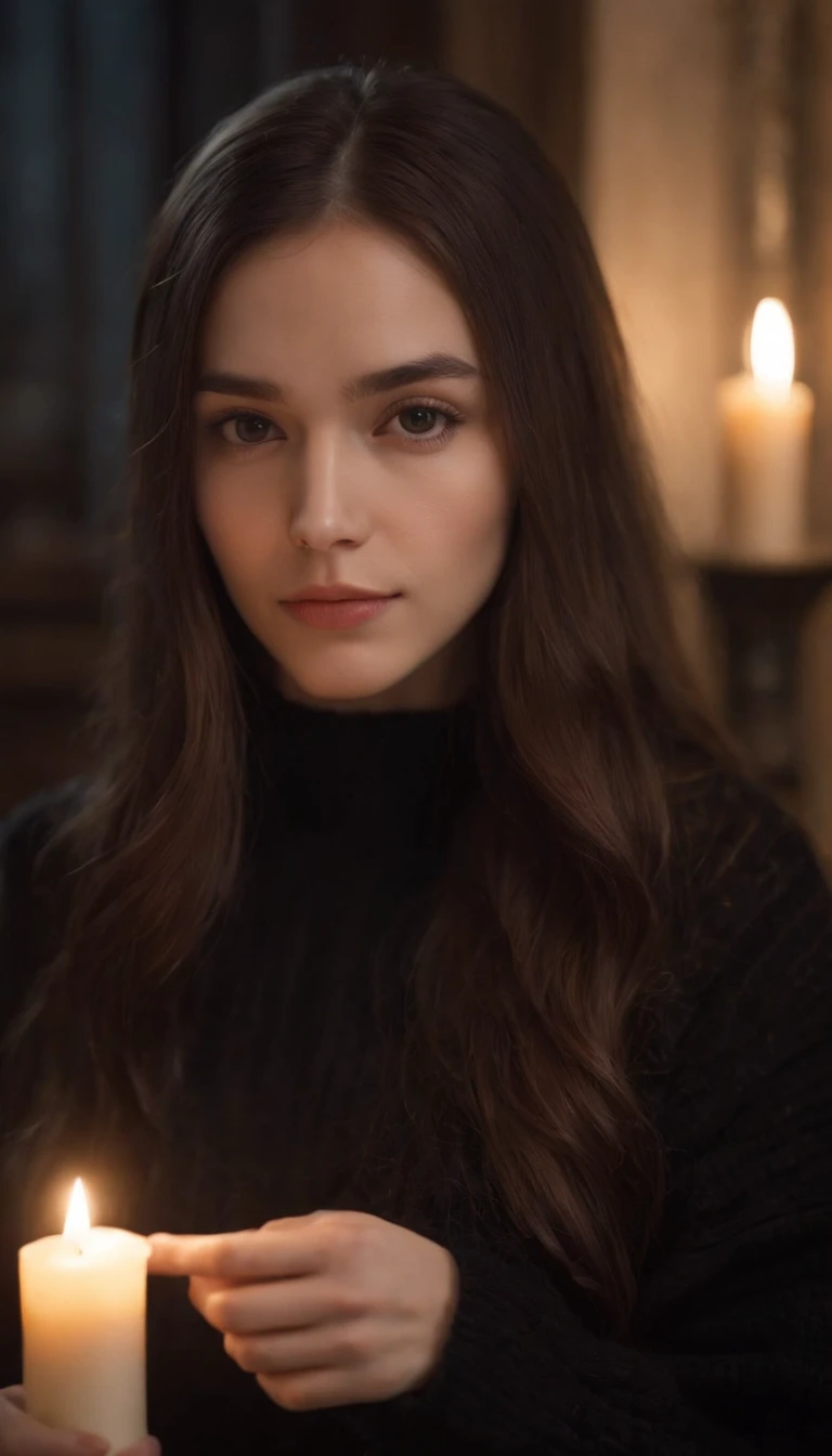 xxmix_girl,,a woman with long hair and a black sweater is holding a candle in her hand and looking at the camera,