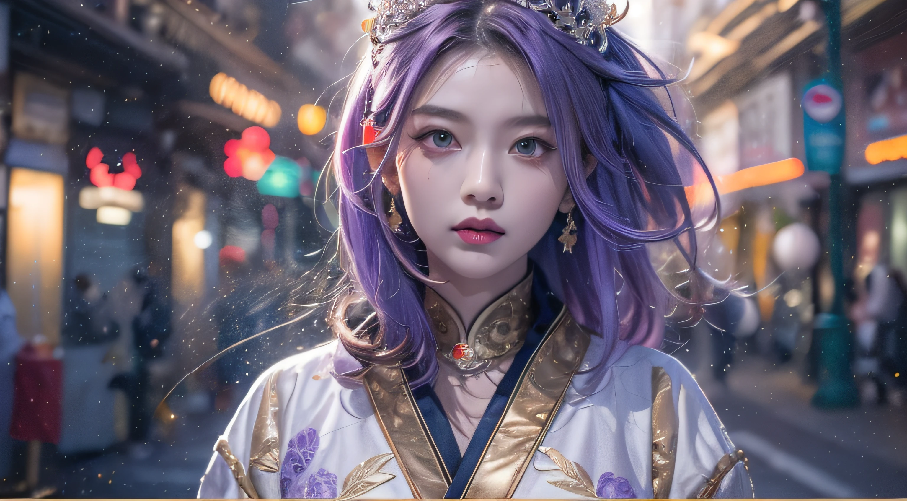 32K（tmasterpiece，k hd，hyper HD，32K）Long flowing bright purple hair，Mards，zydink， a color，  Asian people （Silly girl）， （Silk scarf）， Combat posture， looking at the ground， long whitr hair， Floating bright purple， Fire cloud pattern gold tiara， Chinese long-sleeved gold silk garment， （abstract ink splash：1.2）， smoky background，Lotus protector（realisticlying：1.4），Bright purple hair，Smoke on the road，The background is pure， A high resolution， the detail， RAW photogr， Sharp Re， Nikon D850 Film Stock Photo by Jefferies Lee 4 Kodak Portra 400 Camera F1.6 shots, Rich colors, ultra-realistic vivid textures, Dramatic lighting, Unreal Engine Art Station Trend, cinestir 800，Long flowing bright purple hair