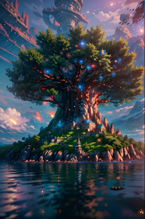 100 mm shot, cinematic shot, award winning CGI, perfect angle,

(island Yggdrasil tree, middle of the ocean, celebration, firewo...