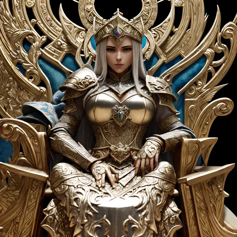Emperatriz dragon (total war Warhammer) shiny armor, brave, subtle narrative, enigmatic atmosphere, atmospheric perspective, fluid movement, ethereal quality, solo, low fantasy, vivid brushstrokes, striking composition, psychedelic images, sitting in her t...