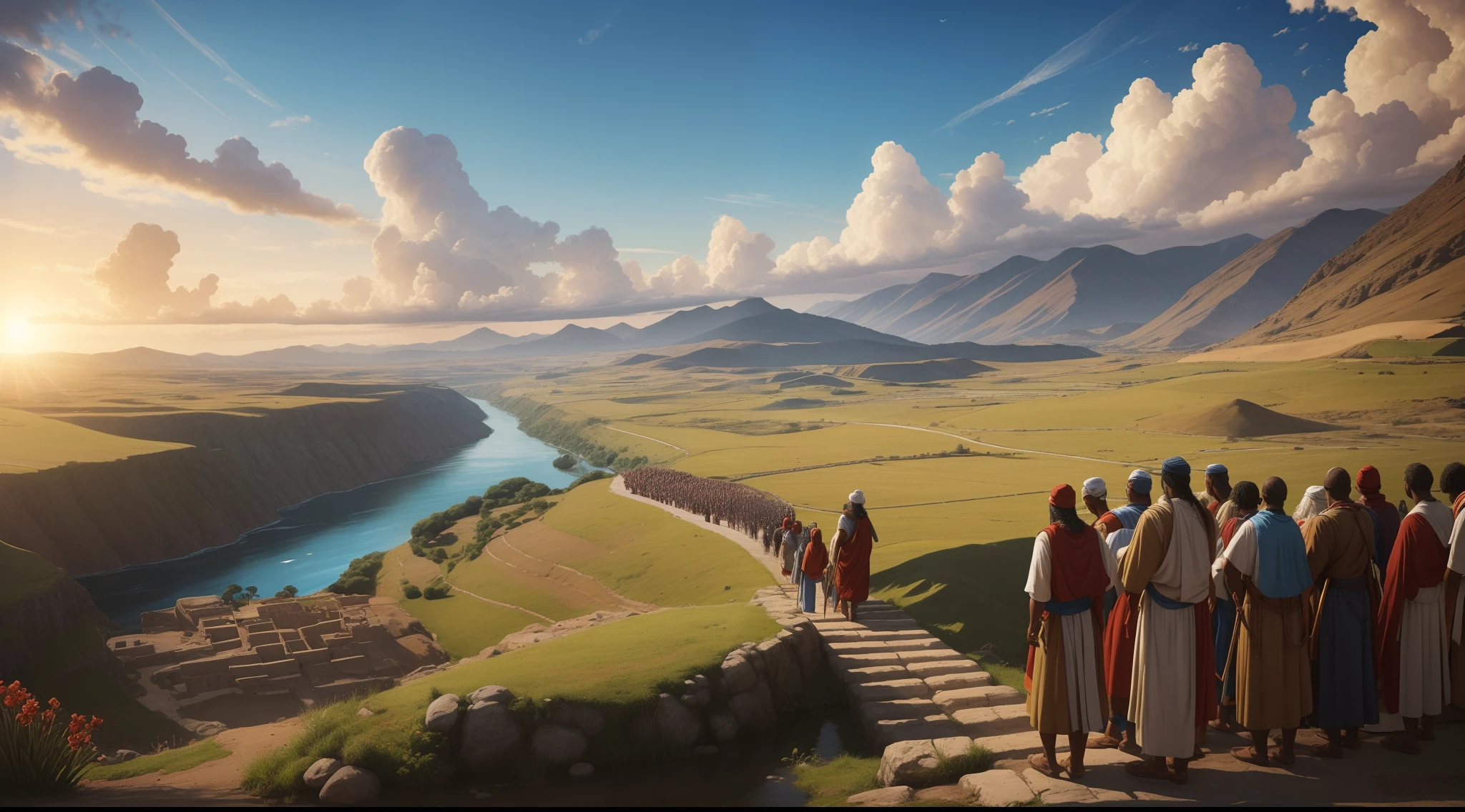 Draw an illustrative image of Moses as a figure of inspiration. The scenery is majestic and uplifting, with the sun shining in the blue sky and soft clouds in the background. Moses is pictured standing, Walking Ahead of the Hebrew People, com um olhar sereno e determinado em seu rosto. He is dressed in his traditional clothes, holding the staff firmly in one hand and the other extended to the sky, as if he were leading his people through the divine voice. The Hebrew people are gathered around him, homens, Women and children, all looking at Moses with wonder and gratitude. Some people may be touching your robes or holding your hands as a sign of respect. No fundo, a Terra Prometida pode ser vista em toda a sua beleza, com colinas, Fertile rivers and fields, symbolizing the realization of the journey led by Moses. The scene conveys the idea of charismatic and inspiring leadership, singling out Moses as a spiritual guide and a reference figure for his people