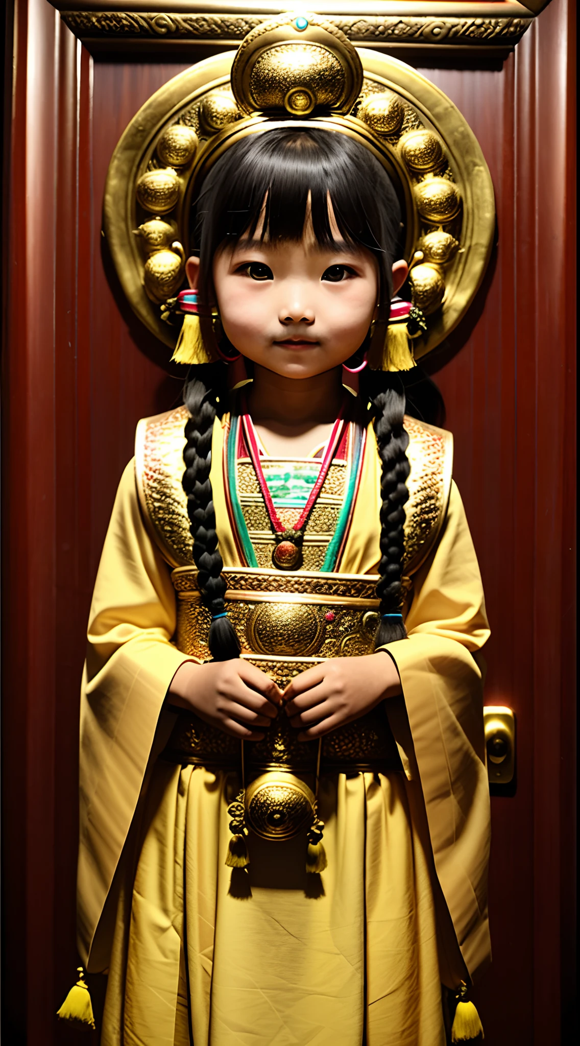 Ein tibetisches Mädchen verkleidet，Halbfigurenfoto，Handmasken，hohe Detailliertheit，Komplexe Frisuren mit Zöpfen，Tibetischer Schmuck，Tibetischer Innenraumhintergrund
