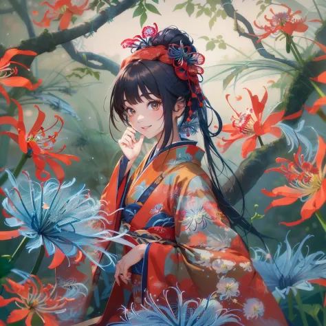 of the highest quality, 8K, High Definition, masutepiece, 1 girl, (Portrait: 0.6),(Blue spider lily:1.5),(Sitting: 1.3), (Red kimono:1.4) And (Kimono with auspicious pattern), (Black hair) And (Brown eyes), Medium Hair, (Smile: 1.3), (Viewers: 1.3), (Bokeh...