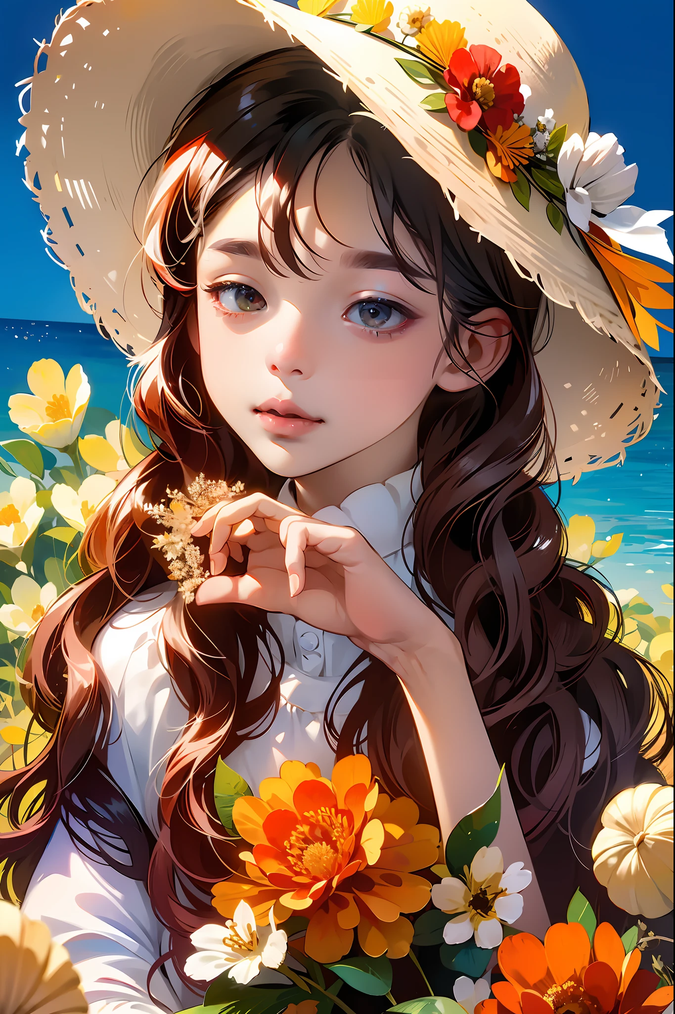 1girll, Solo, Extremely detailed eyes, starfish, seashell, shells, flower, Hat, hair adornments, jewelry, Straw hat, view the viewer, sunglasses, hatflower, drinking straw, hair pin, Earrings, Red flower, Colored glasses, yellowflower, bangs, English text, multicolored hair, orangeflower, Black hair, ring, Ccup, Long hair, orange-tinted eyewear, food, Brown hair, Portrait, shell hair ornament