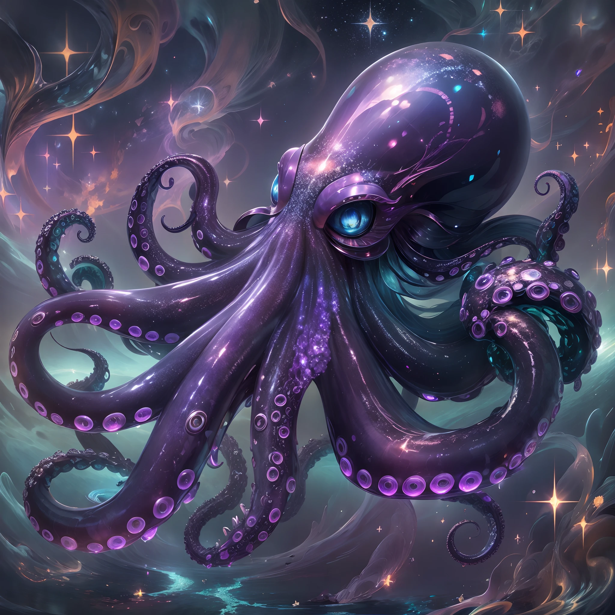 Masterpiece, Best quality, the wallpaper, Endless space,purpleish color，（Glass octopus），Cthulhu，terroral，unholy，on the sky，starlights。