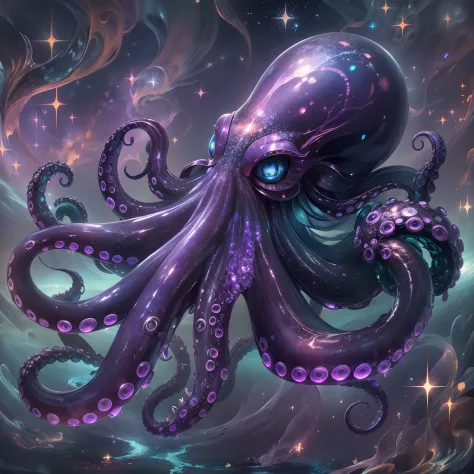 Masterpiece, Best quality, the wallpaper, Endless space,purpleish color，（Glass octopus），Cthulhu，terroral，unholy，on the sky，starl...