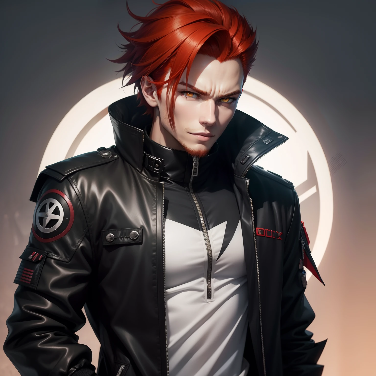 A man with red hair and a leather jacket standing in front of a circle -  SeaArt AI