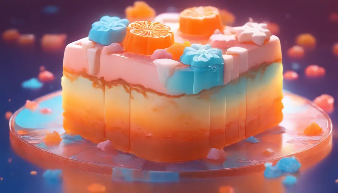 a cut in half Transparent moon cake 3D rendering,gradient translucent glass melt, orange and blue gradient background, isometric view, white background, 3d render, blender, octane rendering, pastel color, award-winning, shiny/glossy