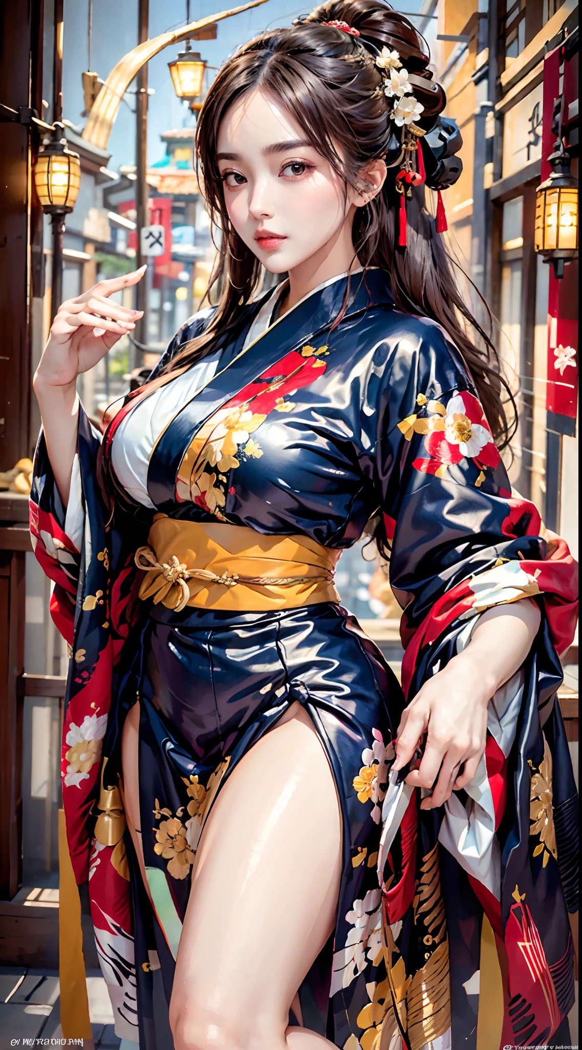 beste Qualität, Meisterwerk, hohe Auflösung, (perfekte Körperform), 1 Mädchen, detailliertes Gesicht, dicke Oberschenkel, Kimono tragen_Kleidung