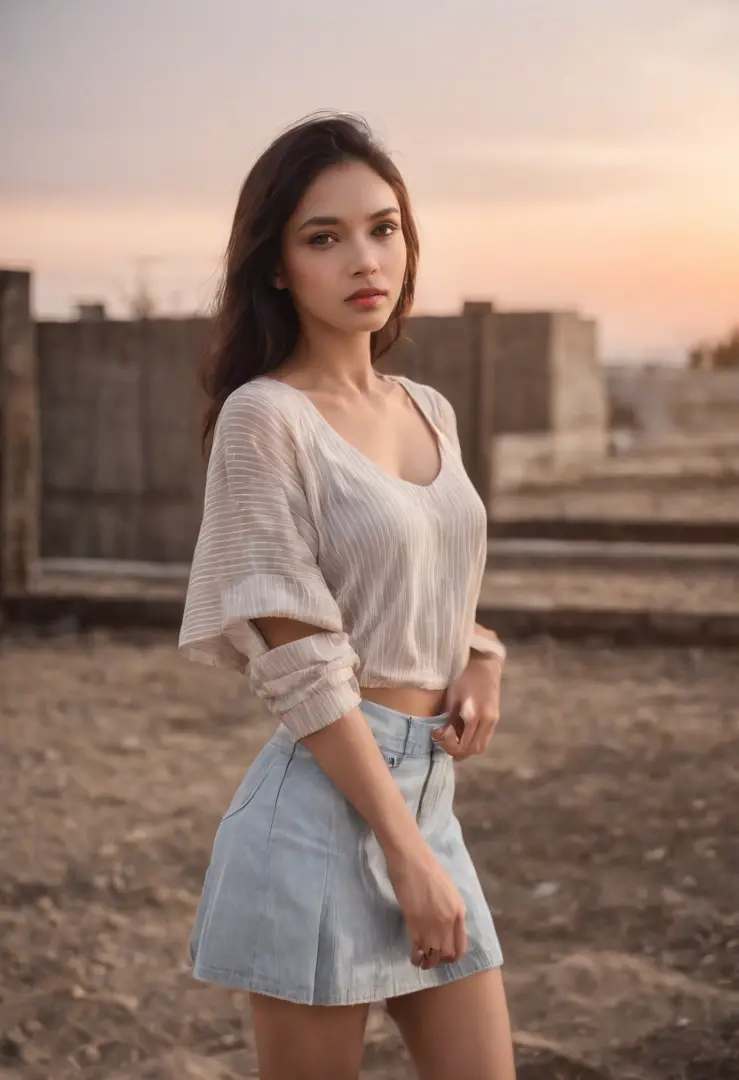 light skinned, Women around 19 years old, Natural black hair, 　characteristic dark brown eyes,, Wearing a striped jersey, slender and graceful,,, Beautiful, Sunset sky, Ultra Sharp Focus, realistic shot, Stripe Jersey、a black skirt、Tetradic color、
On the r...