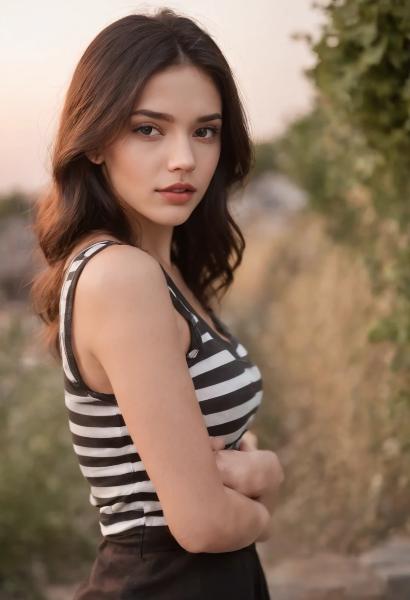 light skinned, Women around 19 years old, Natural black hair, 　characteristic dark brown eyes,, Wearing a striped jersey, slender and graceful,,, Beautiful, Sunset sky, Ultra Sharp Focus, realistic shot, Stripe Jersey、a black skirt、Tetradic color、
On the rooftop,plein air,Concrete floors,
dusty,dirty,Messy,Unclean,(fall),Broken,(Mesh Fence:1.2),cloudy,skyporn,cloud,evening,Twilight,Dusk,