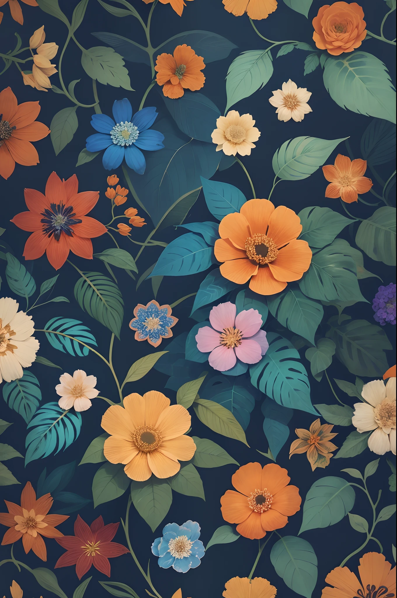 a blue and orange floral pattern with leaves and flowers, floral pattern, forest with flowers blue, indigo blooming flowers garden, floral wallpaper, floral motives, floral explosion, dark flower pattern wallpaper, plants allover, in the jungle. bloom, blueberry and orange and teal, lush garden leaves and flowers, floral environment, ornate floral, floral patterned skin, floral growth, wallpaper 4K