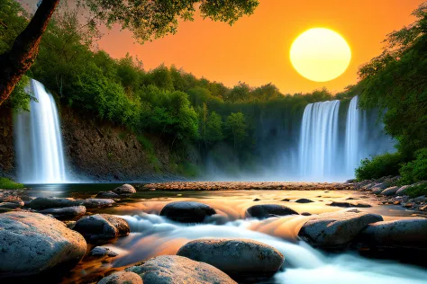 rocher, Very realistic waterfall, coucher du soleil, fleurs