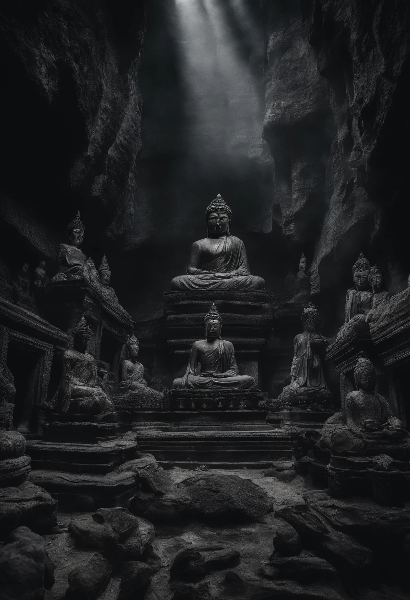 A black and white photo of a buddha statue in a cave - SeaArt AI