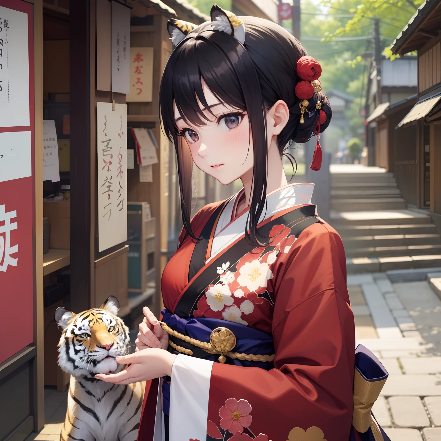 Please make Japan Taisho era girls the main、The quality is the highest and the most detailed、In an anime style、Seriousness 100％、Technical Capabilities 100％serve、Cute, Delicate, graceful and elegant、Tiger and White Tiger
