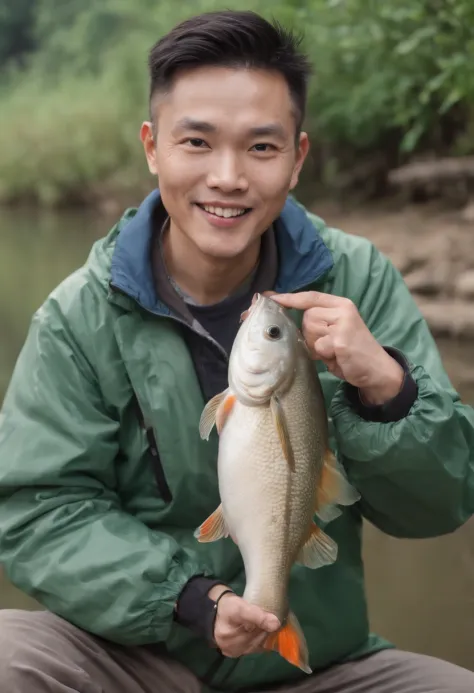 Big-eyed Chinese man in a green jacket holding a fish,His shape is simple，The hair is a bit messy，The figure is relatively strong，Hehehe，Proudly holding a large freshwater crucian carp, Holding a large freshwater crucian carp in his hand，Confidently showin...