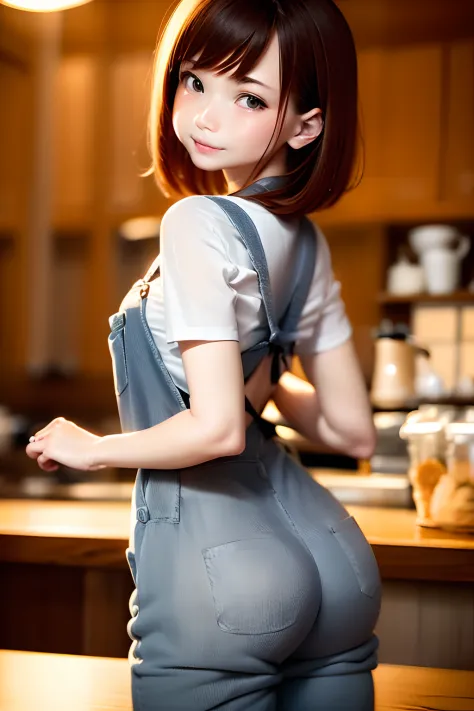 (masutepiece), Best Quality, Ultra-detailed,girl with,White Business Shirt、Dark blue apron、Cute overalls、store clerk、bionde、small nose、Serving coffee to the audience、((blurry backround:1.5))、Quaint coffee shop、In the dimly lit chamber、Warm lighting