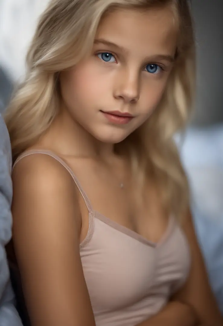 Portrait of a cute 12-year-old teenage girl with a perfect, Beautiful face,  sit on bed in underwear , blondes Haar, nackte Schu...