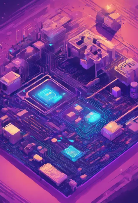 a blue and purple illustration of a computer circuit board with various electronic components, isometric futuristic game, circuit board processor, prerendered isometric graphics, very detailed isometric, isometric 8k, intricate neon circuit pattern, isomet...