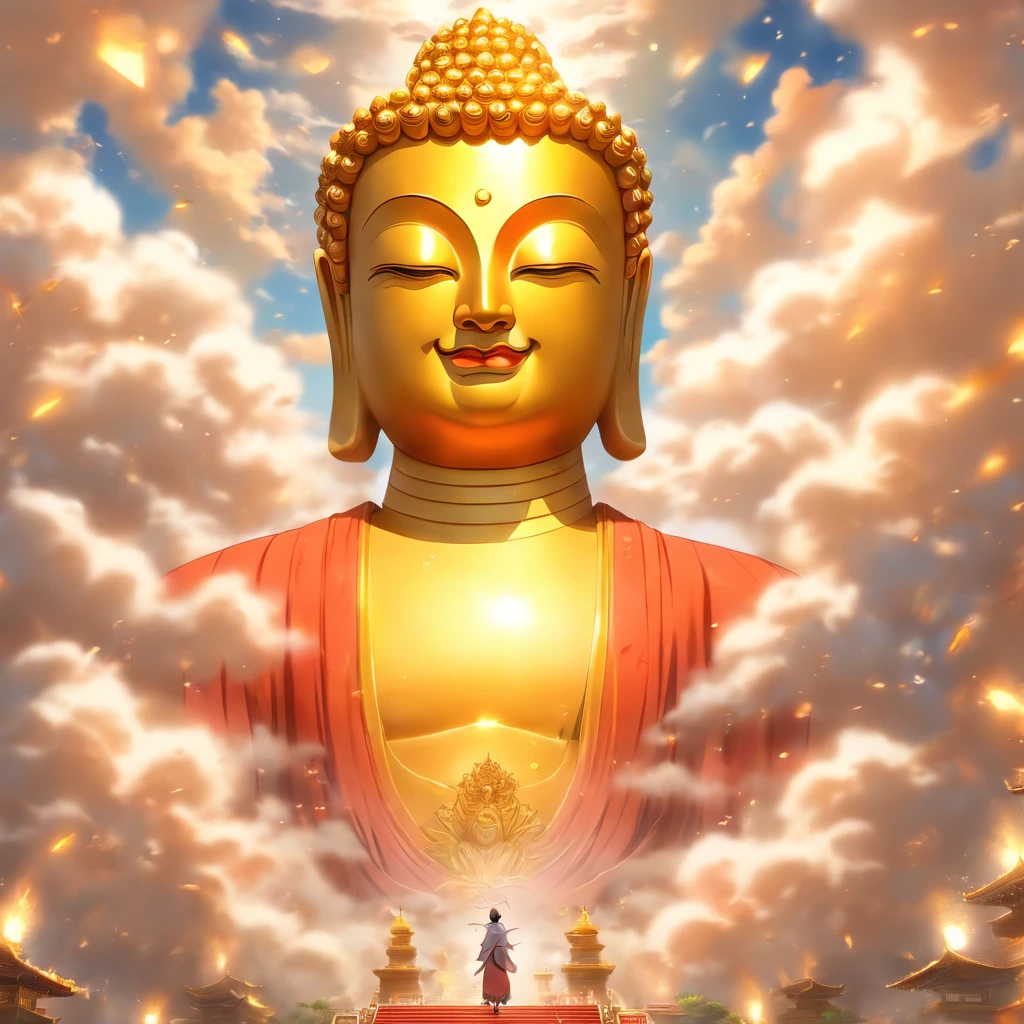 A huge golden Buddha statue rushed into the clouds，Pilgrims on the road，Light smile,China-style，In the distance, surrealism, stereograms, tachi-e, Atmospheric perspective, hyper photorealism, Cinematic lighting, god light, Super detail, ccurate, Best quality, Masterpiece, 16k, High details, A high resolution, Award-Awarded, Super detail, Anatomically correct