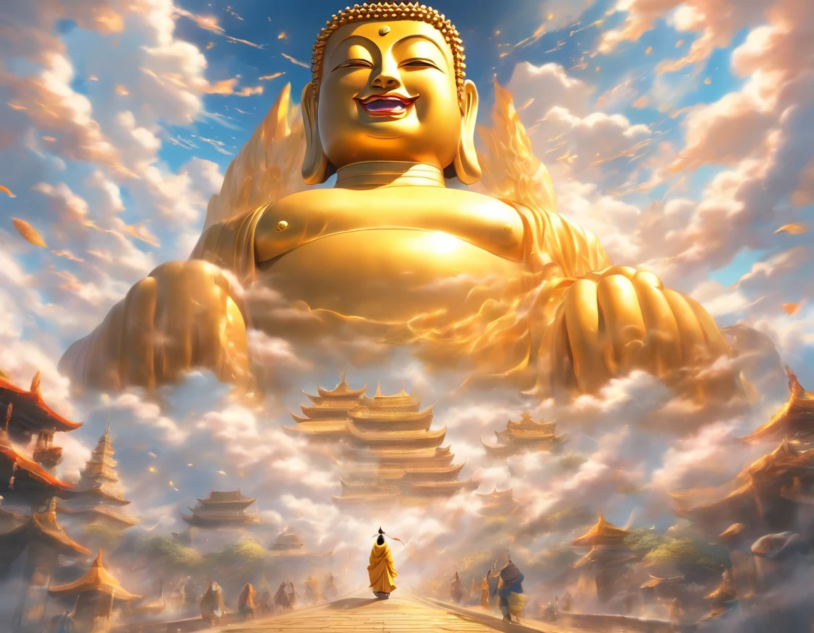 A huge golden Buddha statue rushed into the clouds，Pilgrims on the road，Light smile,China-style，In the distance, surrealism, stereograms, tachi-e, Atmospheric perspective, hyper photorealism, Cinematic lighting, god light, Super detail, ccurate, Best quality, Masterpiece, 16k, High details, A high resolution, Award-Awarded, Super detail, Anatomically correct