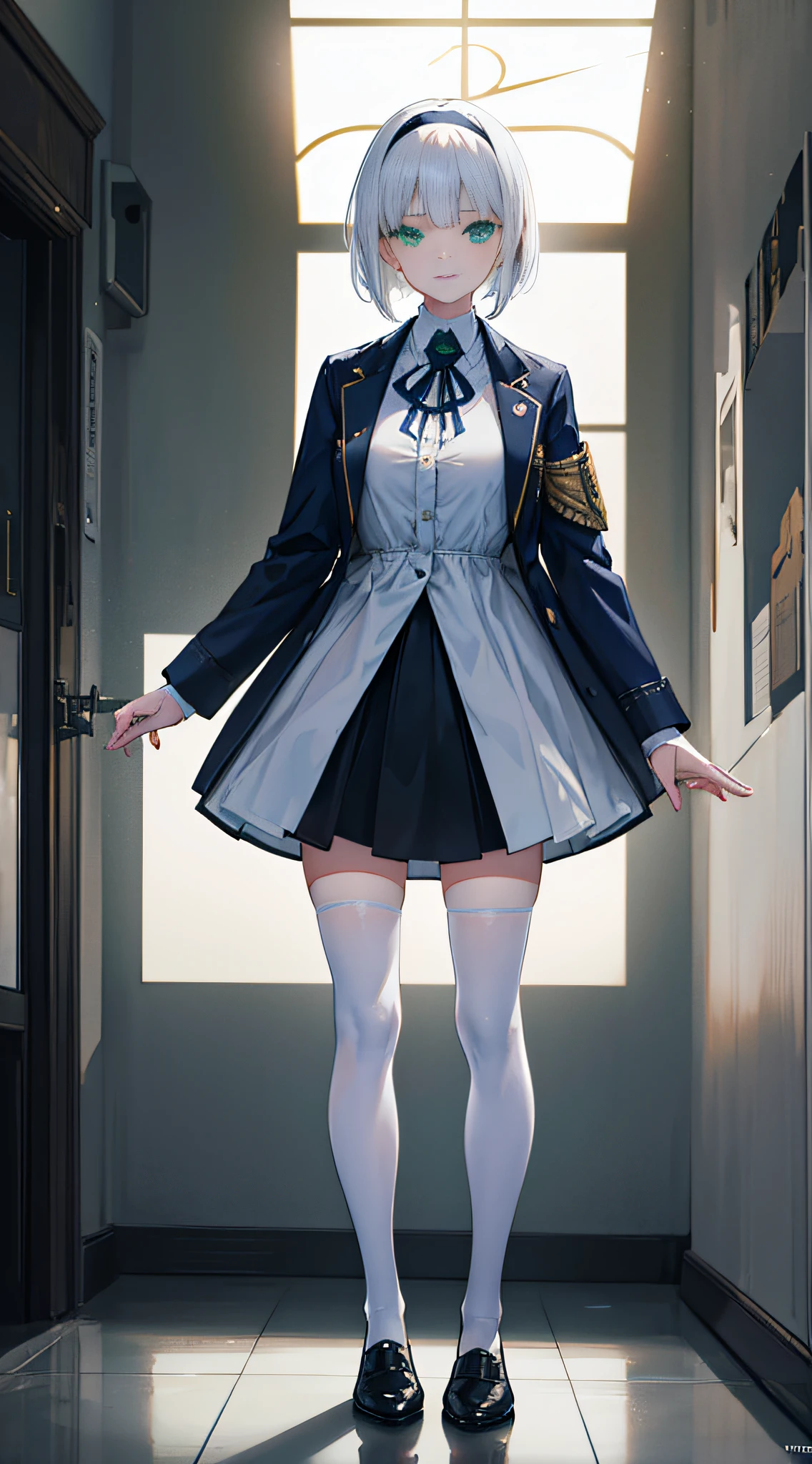 The Stable Diffusion prompt:
"(best quality, 4K, ultra-detailed, photorealistic:1.2), a girl with white hair, blunt bangs, short hair, a round face, wearing a black hairband, (green eyes), and a smiling expression, medium-sized breasts, wearing a white shirt, blue jacket, light yellow shoes, and white stockings, standing in a spacious corridor. Cinematic lighting, high-resolution, 16K, 8K, with textured skin."