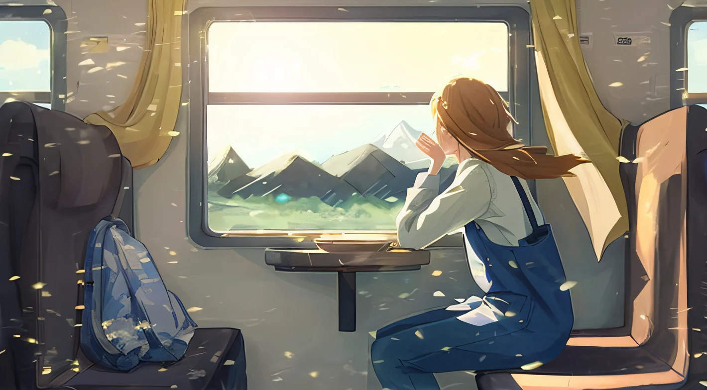 There was a woman sitting on a train looking out the window, looking at the mountains, Looking out the window, Relaxing concept art, near a window, ( ( Makoto Shinkai ) ), inspired by Makoto Shinkai, landscape artwork, looks out the window, looks out the window, traveling through the mountains, dreamlike illustration, Detailed fanart, um dia ensolarado