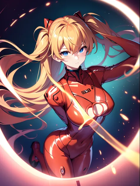 ((souryuu asuka langley,headgear,red latexsuit:1.2,Blonde,long twintails)),(Glowing eyes:1.233), diffuse reflection, high-profil...