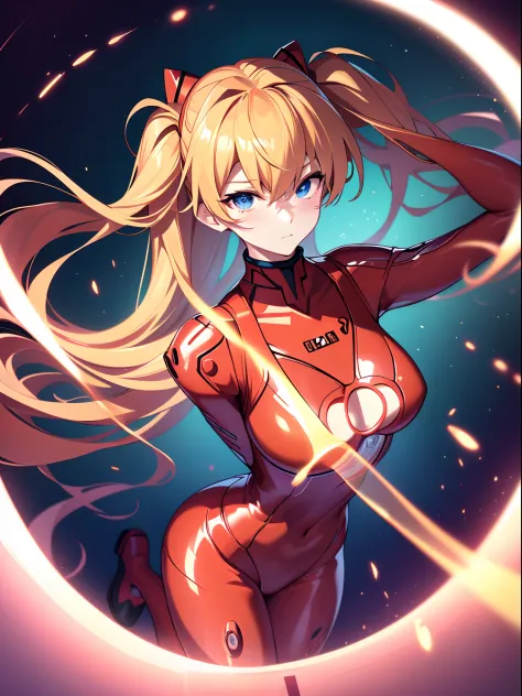 ((souryuu asuka langley,headgear,red latexsuit:1.2,blonde,long twintails)),(glowing eyes:1.233), diffuse reflection, high-profil...