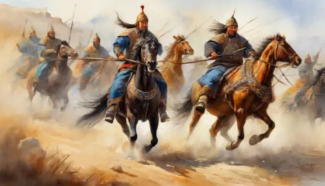 A squad of raiding ancient Mongol cavalry，8K illustration