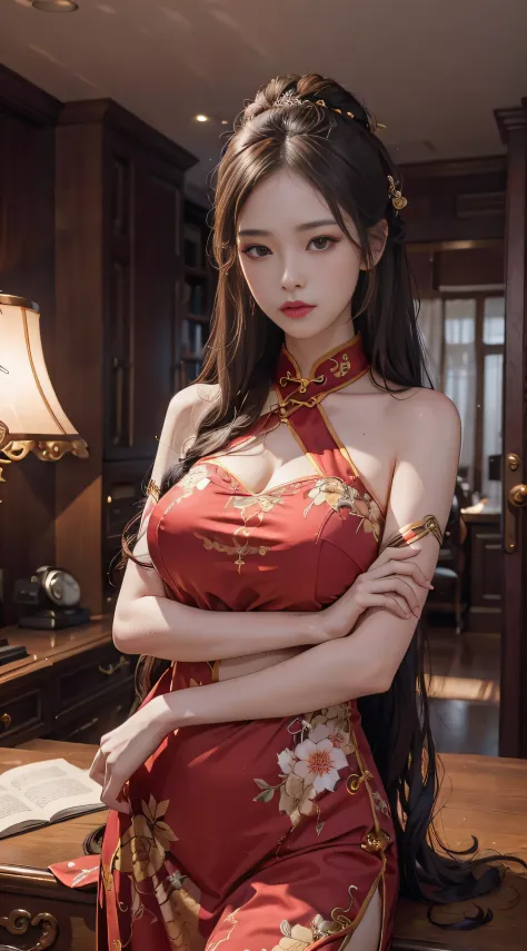 （From the outside） ， many color，Best quality at best，8K，Real photos，Delicate skin details，tmasterpiece，photograph of-realistic，Complicated details，RAW photogr，Court，Gorgeous cheongsam，Extra-long hair，cropped shoulders，delicated face，decorations，Perfect Fin...