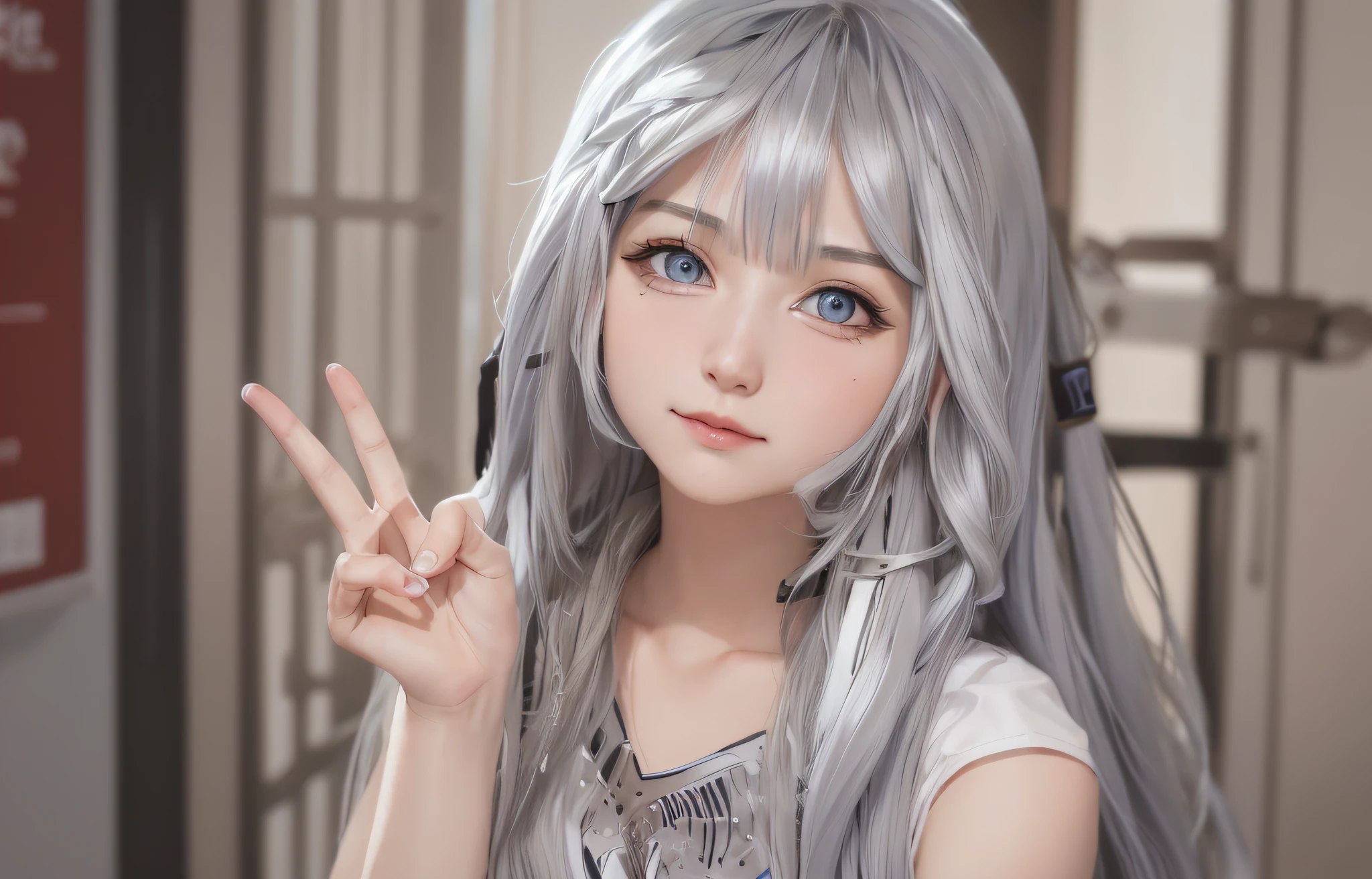 eine Nahaufnahme einer Person mit langen Haaren und einem Peace-Zeichen, anime Frau cosplay, Anime-Kostüm, anime Frau, Mädchen silberne Haare, anime Frau in real life, silbernes Haar Mädchen, Ahegao-Gesicht, Anime inspiriert, süßes natürliches Animegesicht, mit langen weißen Haaren, mit langen weißen Haaren, Vtuber, Vestia Zeta von Hololive