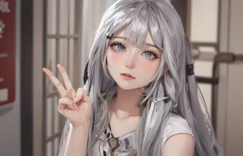 a close up of a person with long hair and a peace sign, anime girl cosplay, anime cosplay, anime girl, girl silver hair, anime g...
