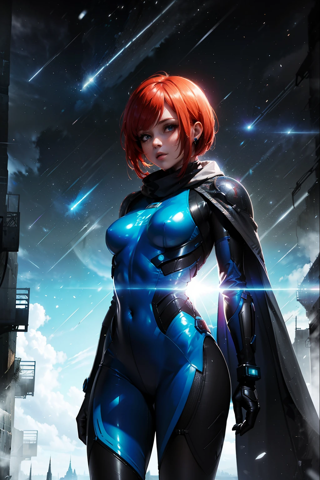 (masterpiece), best quality, hyperrealistic masterpiece, superheroine girl (((mech sci-fi aesthetic style in extremely detailed tech tight plugsuit, frostpunk style))) ((with high scarf to the mouth & white cape)), cinematic illumination: 8k, (((short redhead hair))), detailed perfect skin, intricate perfect beauty face, detailed sharp eyes, detailed eyes and pupils, (((from face to the waist))), (((beauty slim shape))), 4k, UHD