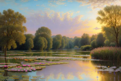 paysage, Eau cristalline,coucher du soleil, Water lilies,(Highly detailed CG Unit 8k wallpaper), The most beautiful work of art ...